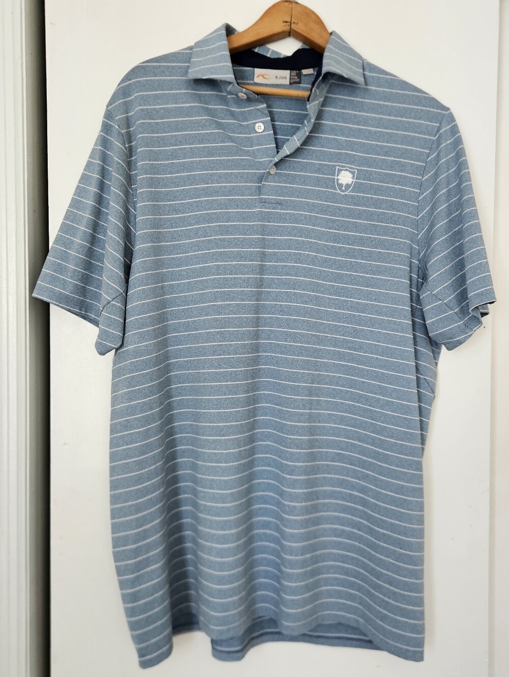 kjus Mens Polo Shirt Golf XL Comfort Fit Blue Stripe UPF 50+ Performance Stretch